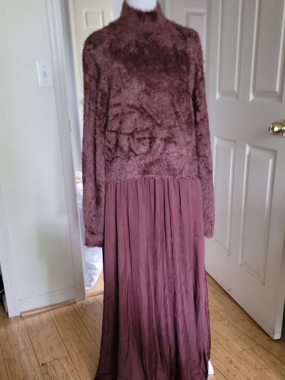 Faux-Fur Knit & Pleated Chiffon Maxi Dress in Brown